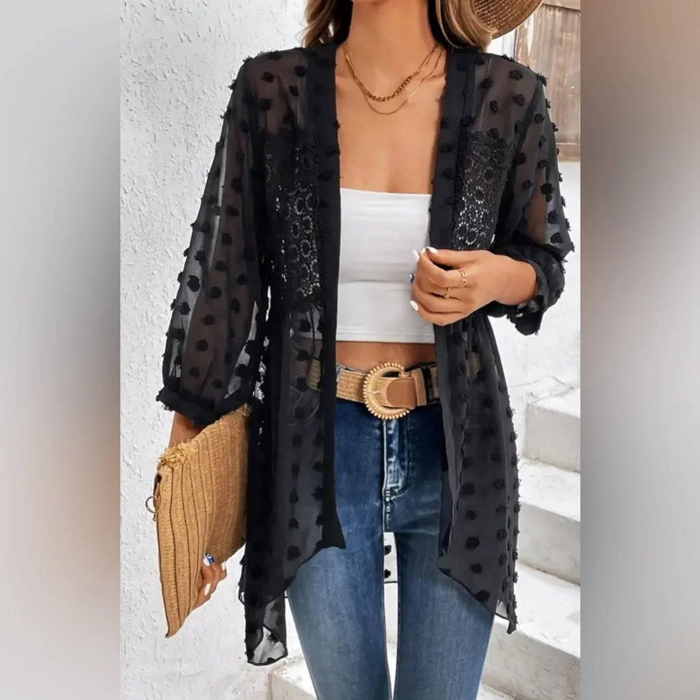 Black Swiss Dot Open Front Kimono NEW in bag - Picture 1 of 5